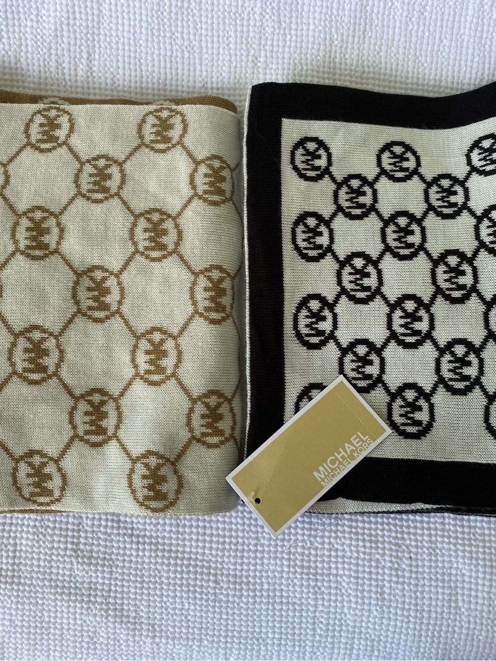 Michael Kors Cream Scarves with Brown and Black Logo Pattern Lot of 2